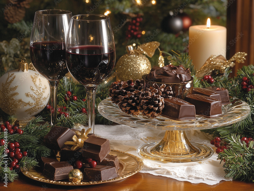 Cozy New Year’s Candlelit Dinner Table with Wine, Chocolates, Fresh Orange Slice, Strawberry, Festive Decorations, and Luxurious Accents in Gold and White, Creating an Elegant and Intimate Holiday Atm Cozy New Year’s Candlelit Dinner Table with Wine, Chocolates, Fresh Orange Slice, Strawberry, Festive Decorations, and Luxurious Accents in Gold and White, Creating an Elegant and Intimate Holiday Atm