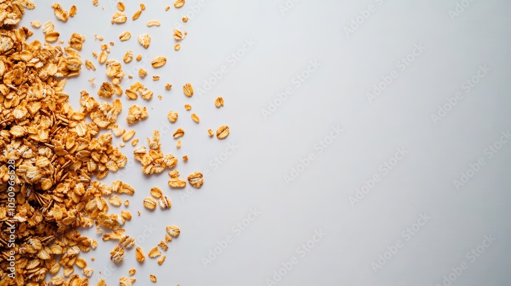 Golden crunchy granola in a close-up shot, highlighting textures of oats and seeds against a white backdrop, granola close-up, organic food aesthetic Golden crunchy granola in a close-up shot, highlighting textures of oats and seeds against a white backdrop, granola close-up, organic food aesthetic