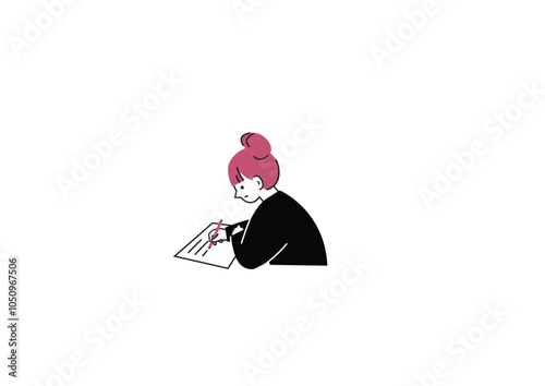 机で勉強する女性