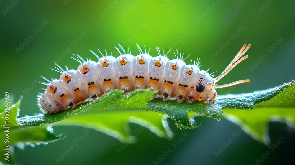 Zoom-in on a caterpillar's segmented body, contrasting colors against the green leaf, close-up, wildlife Zoom-in on a caterpillar's segmented body, contrasting colors against the green leaf, close-up, wildlife