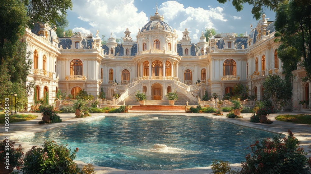 Fototapeta premium Elegant mansion with a pool and lush landscaping under a blue sky.