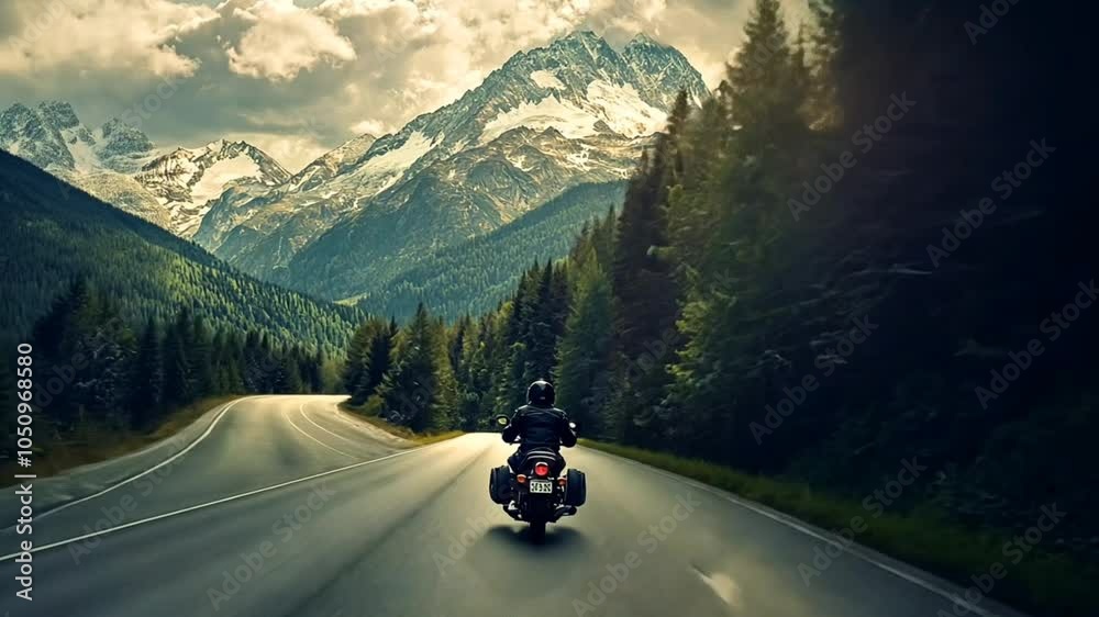 Motorcycle rider on scenic mountain road at sunset