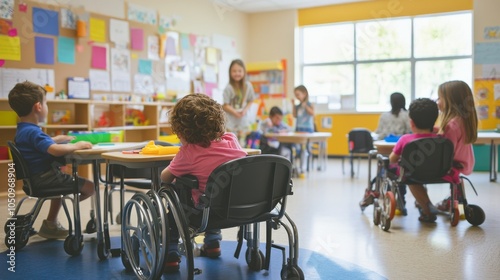 Inclusive education symbolized by a classroom where students of various abilities collaborate under a tree of knowledge, Reflecting the strength in diversity, photography style