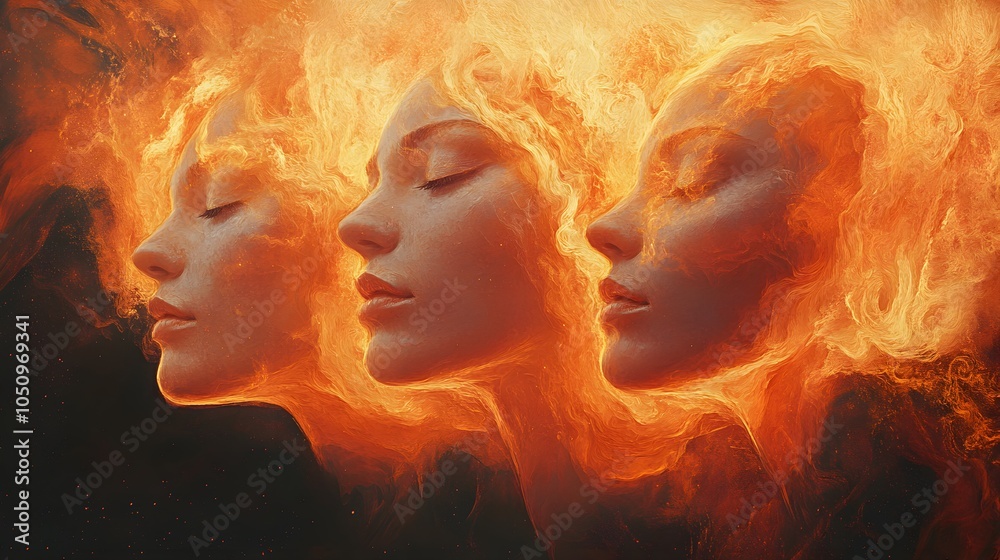 Faces melting into each other in a glowing orange swirl, surrounded by warm, radiant energy, symbolizing passion and the merging of emotions, stream punk, bold colors, digital collage Faces melting into each other in a glowing orange swirl, surrounded by warm, radiant energy, symbolizing passion and the merging of emotions, stream punk, bold colors, digital collage