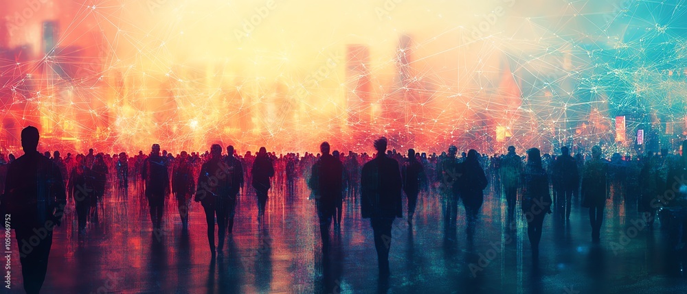 Futuristic view of a crowd with a web of connections Futuristic view of a crowd with a web of connections