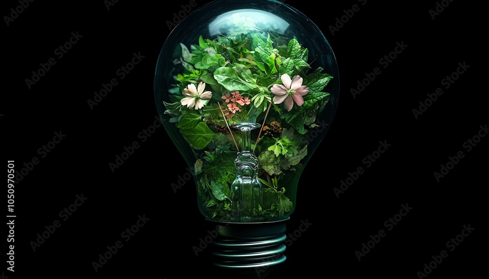 Creative depiction of a green lightbulb illuminated with leaves and flowers Creative depiction of a green lightbulb illuminated with leaves and flowers