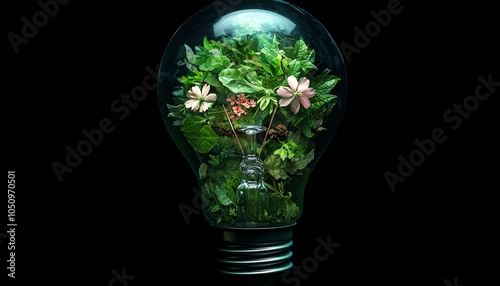 Creative depiction of a green lightbulb illuminated with leaves and flowers