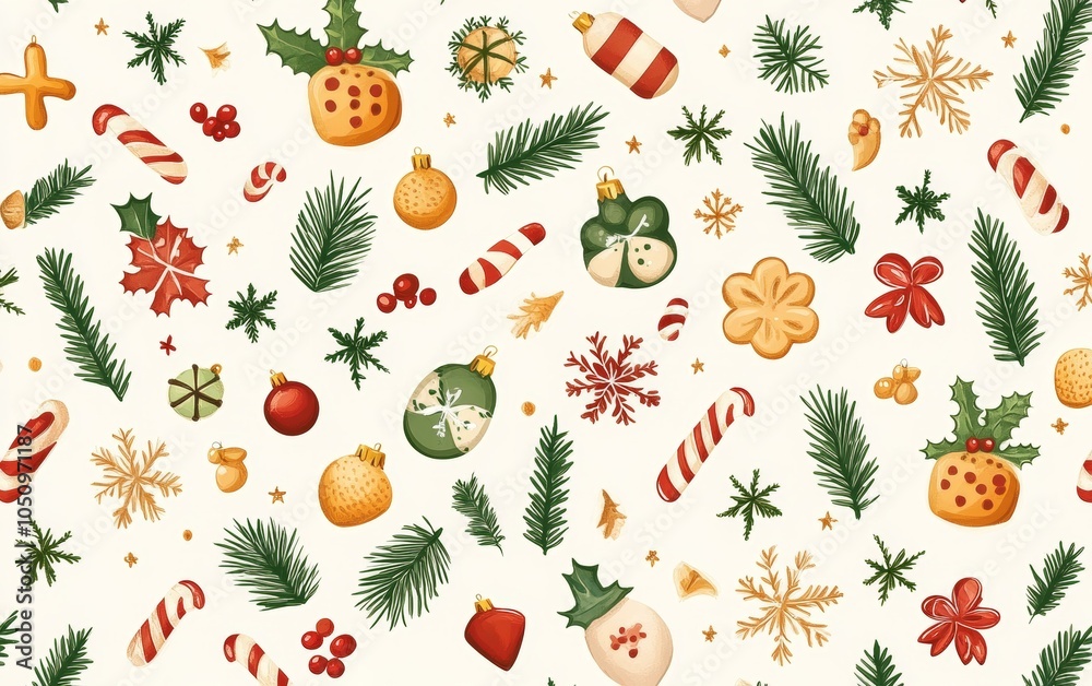 Festive seamless pattern featuring Christmas trees, snowflakes, and candy canes on a red background. Festive seamless pattern featuring Christmas trees, snowflakes, and candy canes on a red background.
