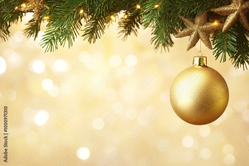 Festive Christmas tree adorned with ornaments against a shimmering golden background. Festive Christmas tree adorned with ornaments against a shimmering golden background.
