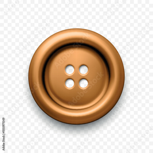 Bronze Color Metal Clothes Button with Four Holes, Isolated. Round Button Closeup, Front View. Design Template for Sewing, Fashion, Clothing Concept. Detailed Button Illustration for Craft Projects