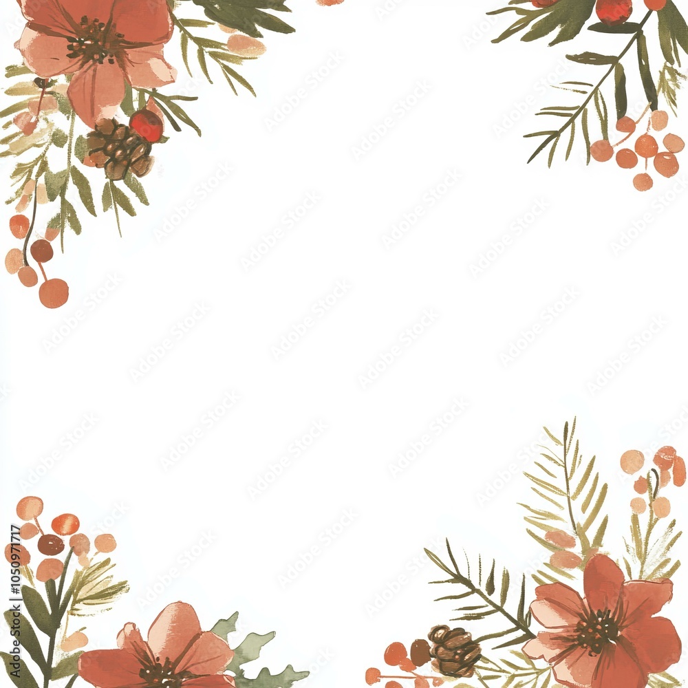 A vibrant floral frame featuring vivid red flowers interwoven with lush green leaves on a white background. A vibrant floral frame featuring vivid red flowers interwoven with lush green leaves on a white background.