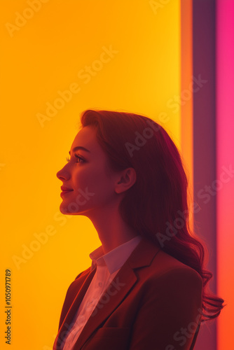 side profile of smilin woman office work gradient background studio photography back to work cubicle job applicant profile lighting wallpaper mobile vertical social media background business marketing