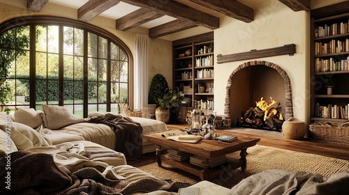 Warm and Cozy Living Room with Rustic Beams and Stone Fireplace - Generative AI
