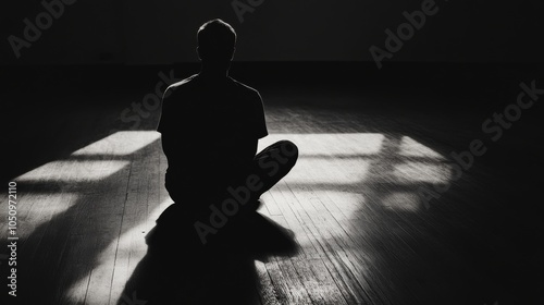 Mental health stigma portrayed by a silhouette sitting alone in a dimly lit room with shadows resembling silencing voices, Reflecting the unseen struggles of psychological challenges