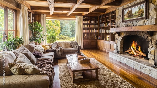 Warm and Cozy Living Room with Rustic Beams and Stone Fireplace - Generative AI