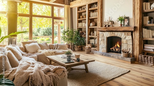Warm and Cozy Living Room with Rustic Beams and Stone Fireplace - Generative AI