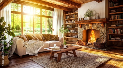 Warm and Cozy Living Room with Rustic Beams and Stone Fireplace - Generative AI