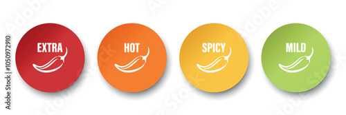Realistic Vector Round Stickers with Spicy Chili Pepper Icon, Food Spicy Level. Red, Orange, Yellow, Green Jalapeno Pepper Strength Scale Sticker Indicators with Mild, Spicy, Hot and Extra Positions