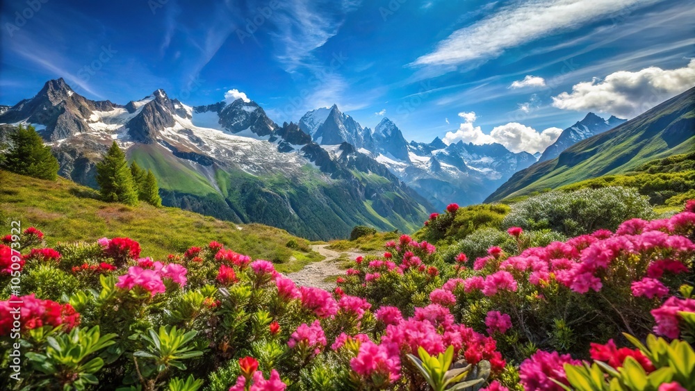 Vibrant alpine rhododendrons on mountain fields in Chamonix Vibrant alpine rhododendrons on mountain fields in Chamonix
