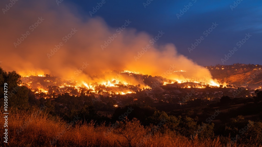 Obraz premium Wildfire Blazing Through a Hillside at Night