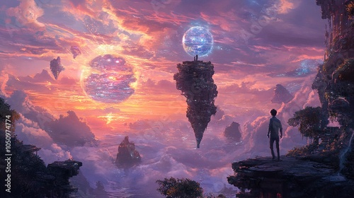 A Dreamy Fantasy Landscape with Floating Islands and a Sunset Sky photo