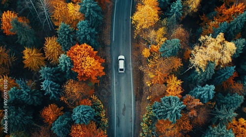 A white car drives on a paved road through an autumn forest. The trees are a mix of green, yellow, and orange. The view is from above.