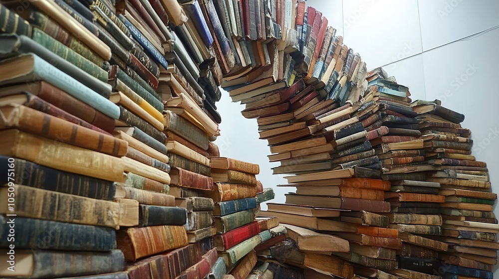 Fototapeta premium A Tower of Knowledge: Vintage Books Stacked in a Unique Formation