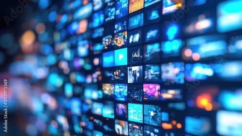 Multiple screens displaying various colorful images and videos, creating digital media wall