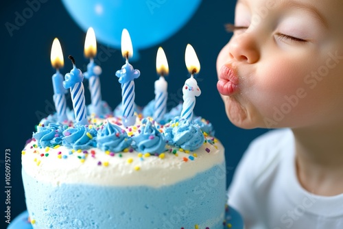 A child taking a deep breath before blowing out birthday candles, surrounded by family and friends