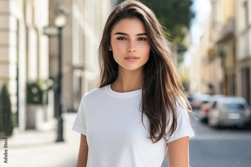 Close-up of a young attractive woman model wearing a blank template white t shirt Close-up of a young attractive woman model wearing a blank template white t shirt