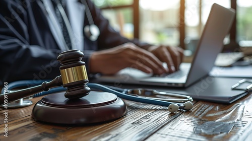 Close-up of a judge's gavel and stethoscope on a desk, with a person typing on a laptop in the background.