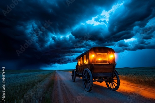 A gothic carriage hitting the road on a stormy night, with dark clouds swirling above and the eerie glow of lanterns lighting the way photo