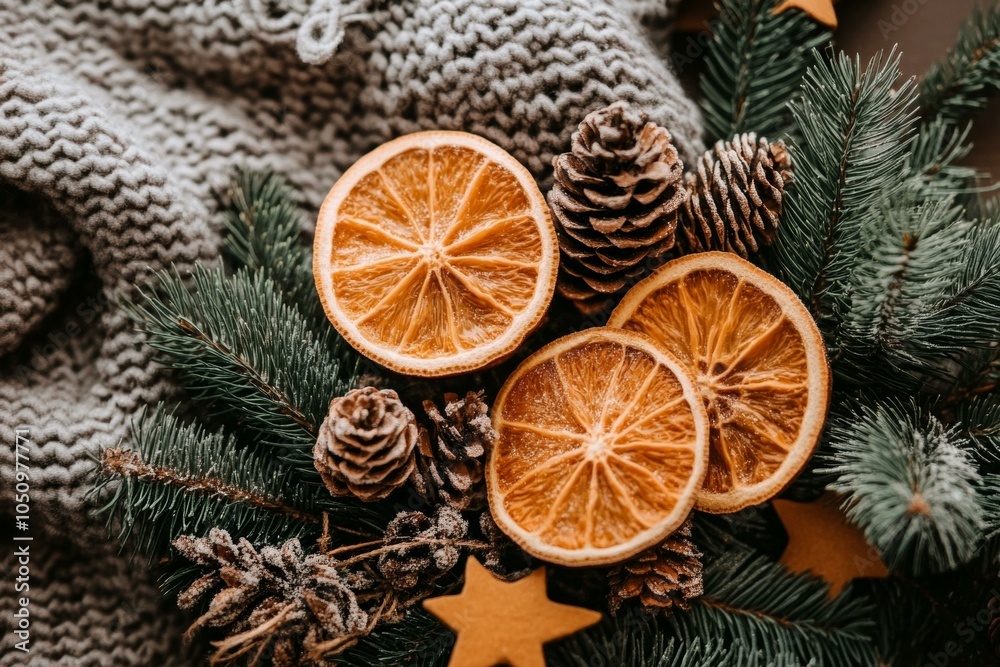 Two fresh orange slices on a cozy blanket surrounded by pine cones and acorns in a rustic setting. Two fresh orange slices on a cozy blanket surrounded by pine cones and acorns in a rustic setting.