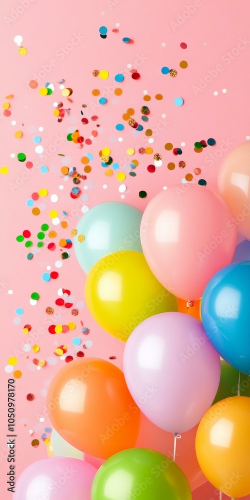 Vibrant balloons and assorted sweets arranged artistically on a vivid pink backdrop. Vibrant balloons and assorted sweets arranged artistically on a vivid pink backdrop.