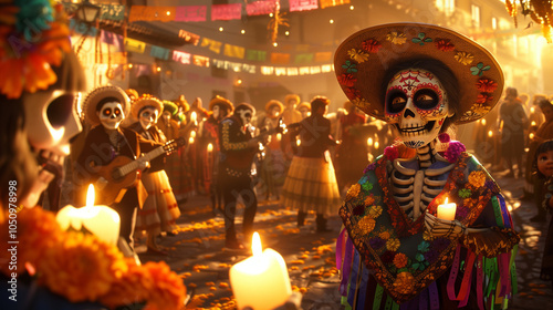 A vivid scene of a Día de los Muertos procession in a traditional Mexican town square