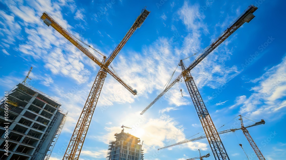 Fototapeta premium Drone exploring urban development zones with cranes hypermaximalist advertising photography hyper realistic fine detail