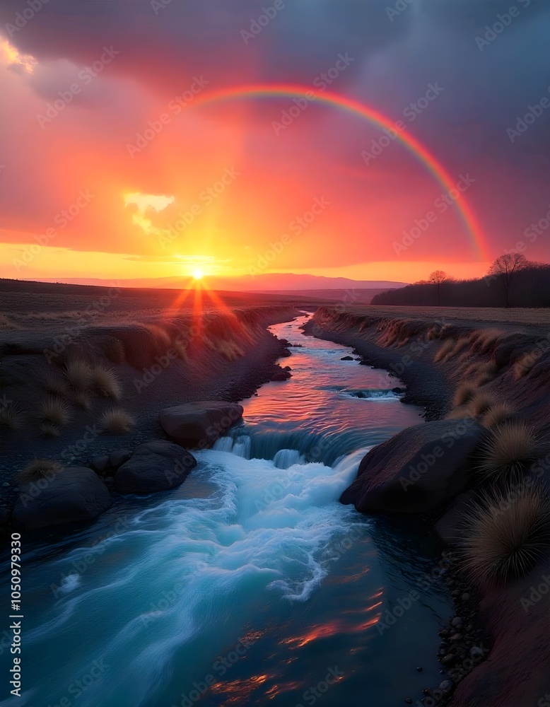 Fototapeta premium A serene river cascading down a barren landscape with a vibrant rainbow arching across the sunset horizon