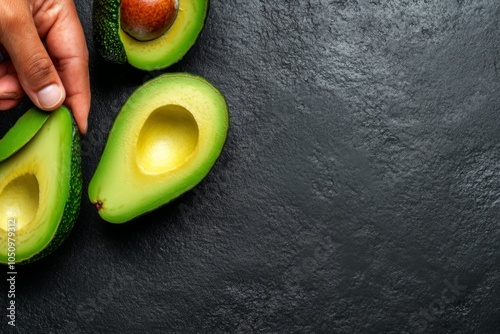 A person slicing avocados in half, revealing the creamy green flesh and neatly removing the pit photo