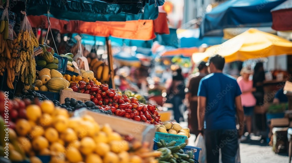 Obraz premium Socioeconomic equality symbolized by a bustling city street market where vendors of diverse socioeconomic backgrounds sell local produce, Reflecting economic empowerment, photography style