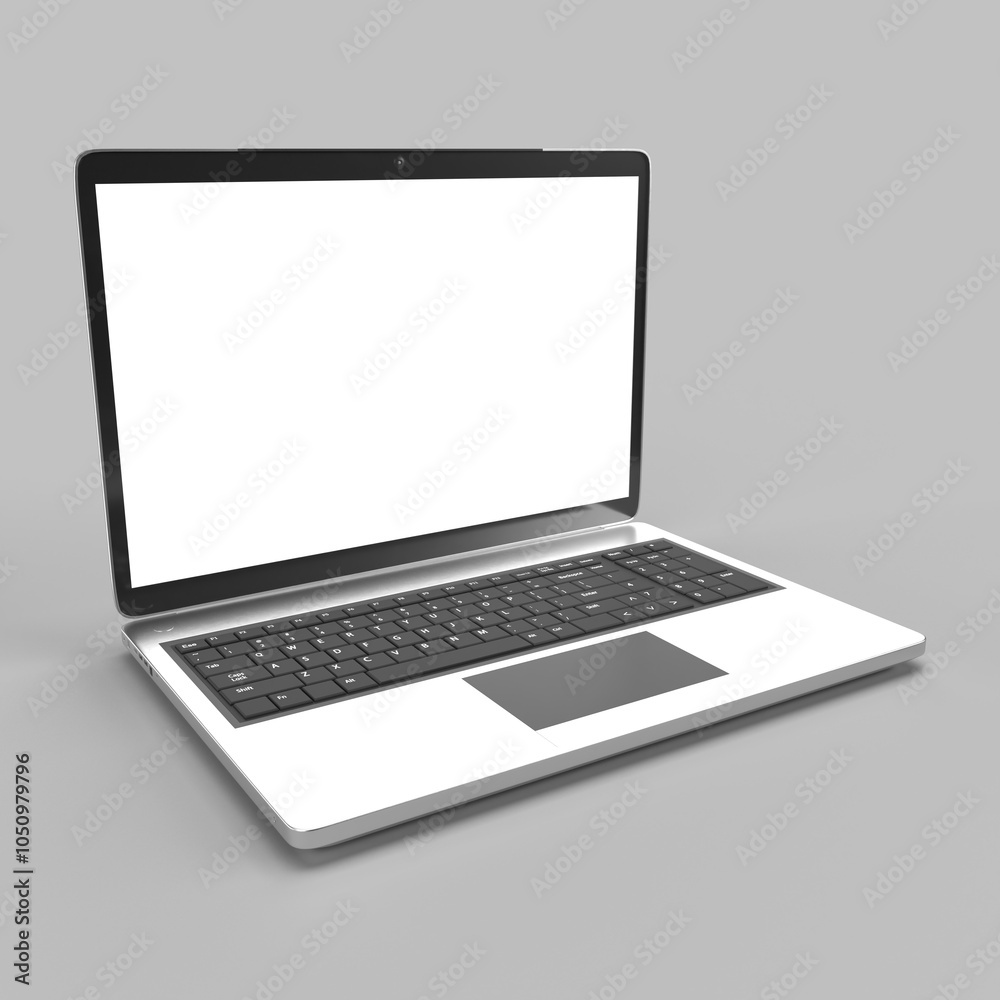 Modern silver laptop showing blank screen on gray background Modern silver laptop showing blank screen on gray background