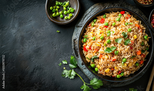 Delicious vegetable fried rice garnished with peas, carrots, and cilantro on plate