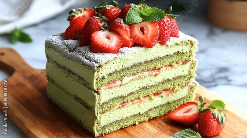 Delicious Layered Strawberry Matcha Cake