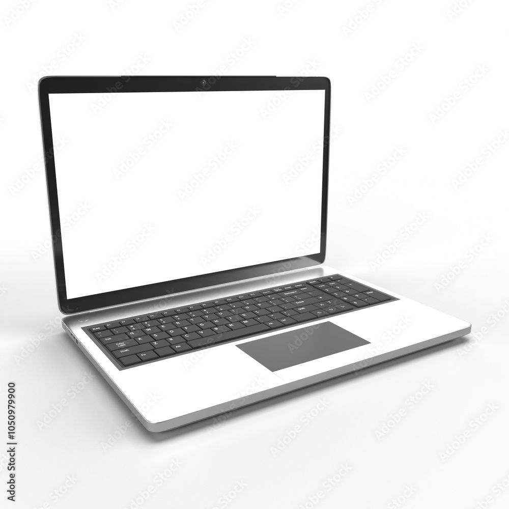 Modern silver laptop showing blank screen on gray background Modern silver laptop showing blank screen on gray background