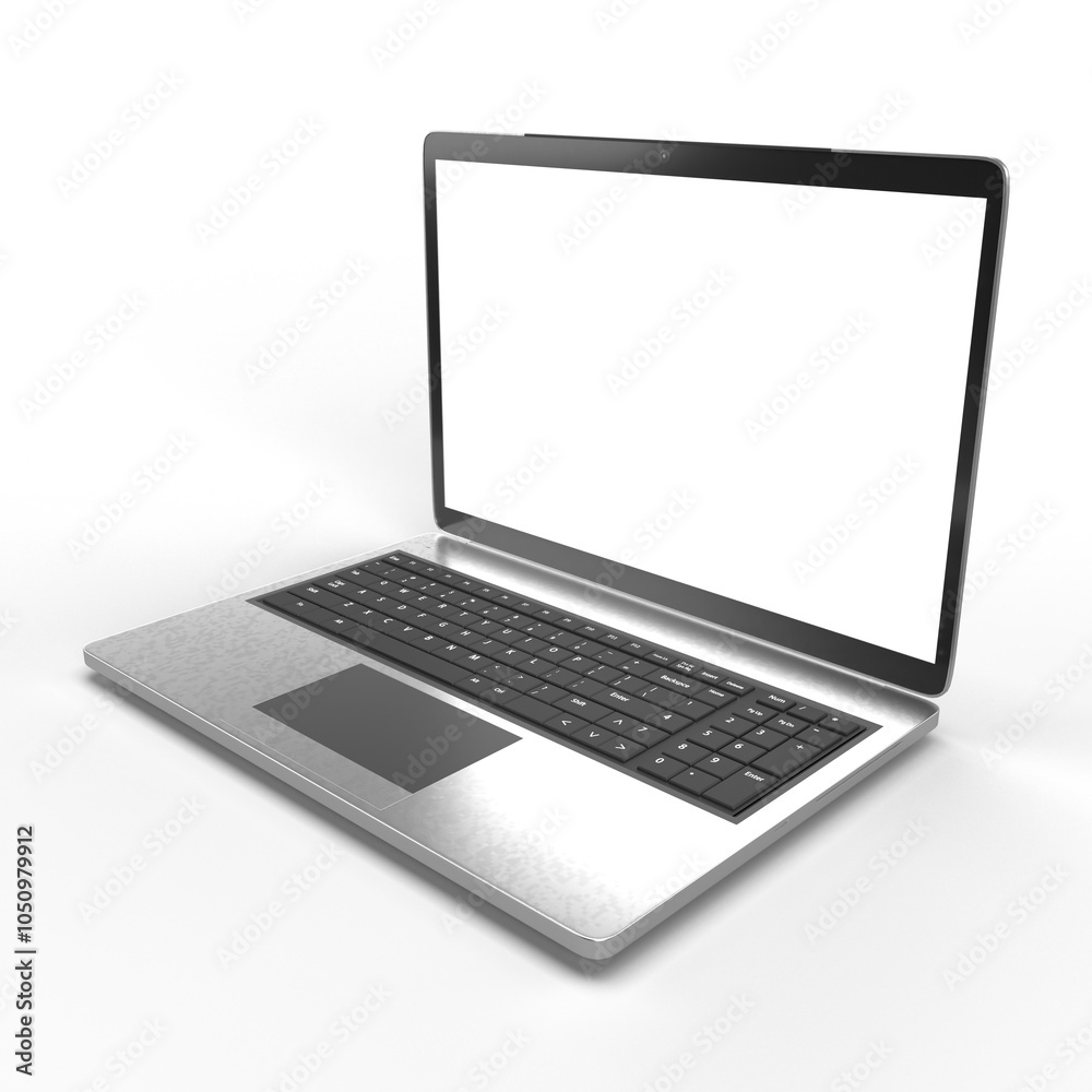 Modern silver laptop showing blank screen on gray background Modern silver laptop showing blank screen on gray background