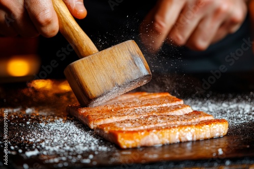 A professional chef pounding veal for schnitzel, the thin slices of meat becoming tender under each hit of the mallet photo