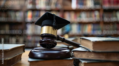 A graduation cap sits atop a judge's gavel, surrounded by law books, symbolizing the pursuit of knowledge and justice. photo