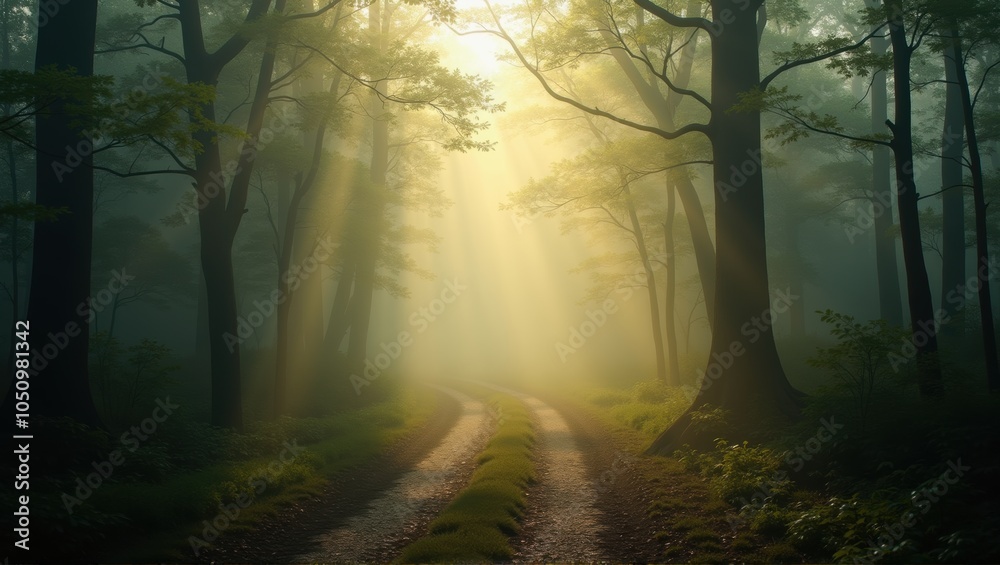 Fototapeta premium Sunlight streams through mist in a lush forest, illuminating a dirt path and vibrant green foliage. Generative, AI,