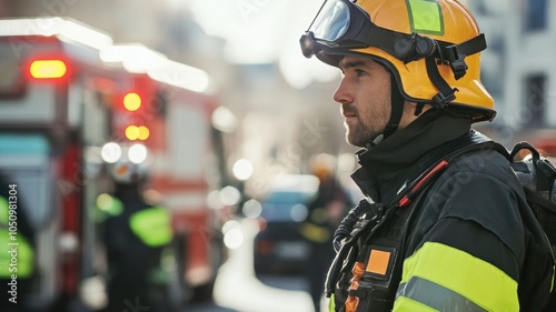 Caucasian male firefighter in protective gear on duty