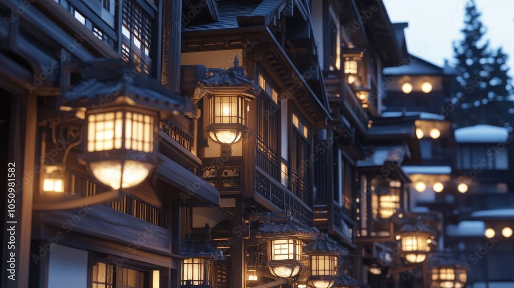 Fototapeta premium Traditional Japanese Architecture with Lanterns at Night