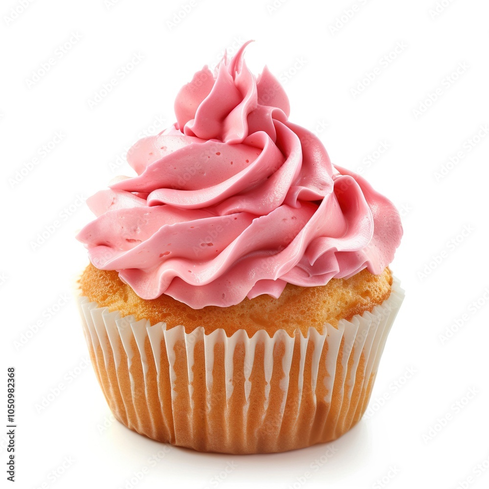 One Cupcake with pink cream isolated on white background One Cupcake with pink cream isolated on white background